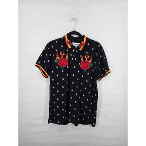 Reason Mens Flaming Rose Embroidered‎ Polo Shirt Black Floral Streetwear Large